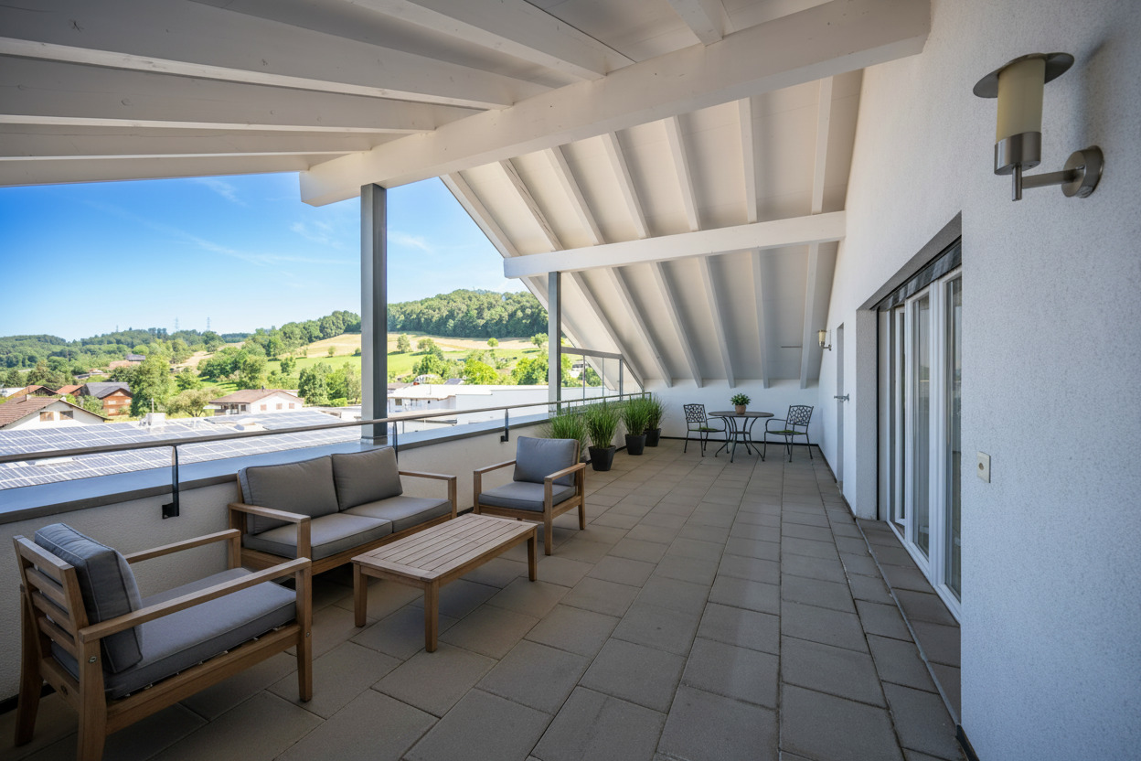 Überdachte Terrasse mit Sitzbereich und Fernblick
