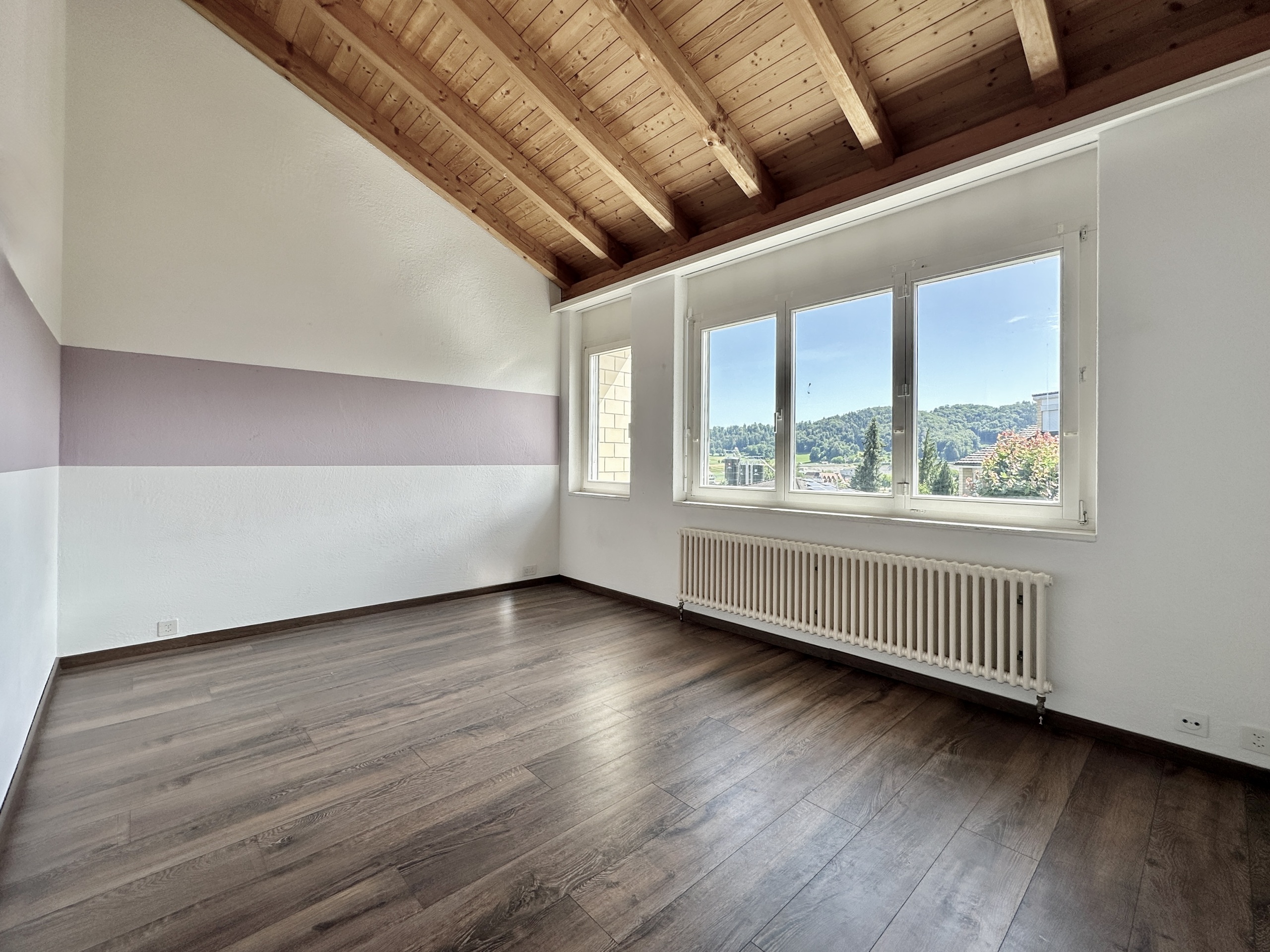 Leerer Raum mit Holzbalkendecke und Ausblick
