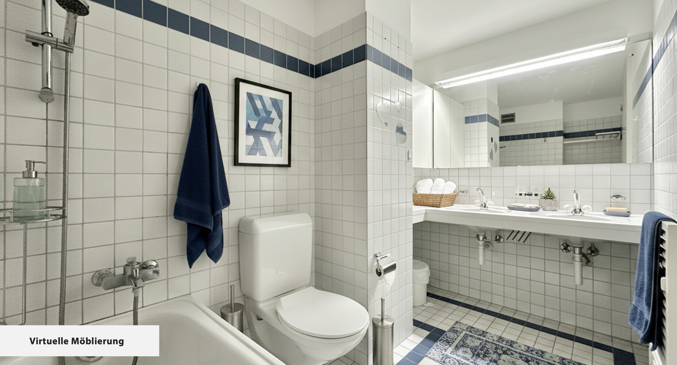 Badezimmer mit Dusche, WC und Doppelwaschtisch
