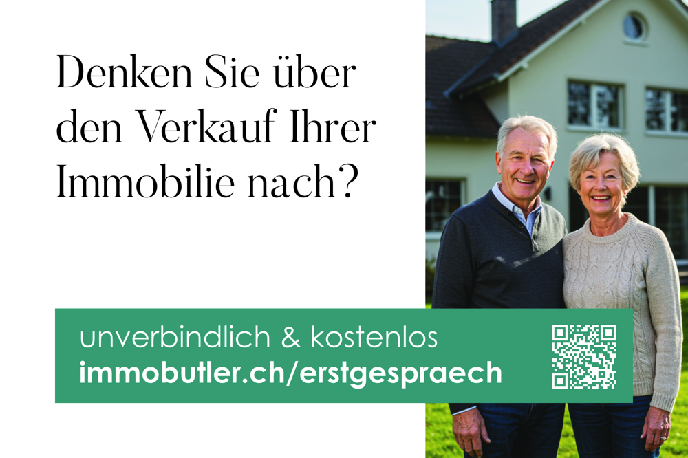 Werbeanzeige mit Immobilie und Paar vor Haus