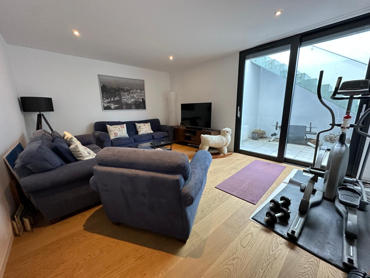 Wohnzimmer mit Fitnessbereich und Terrasse