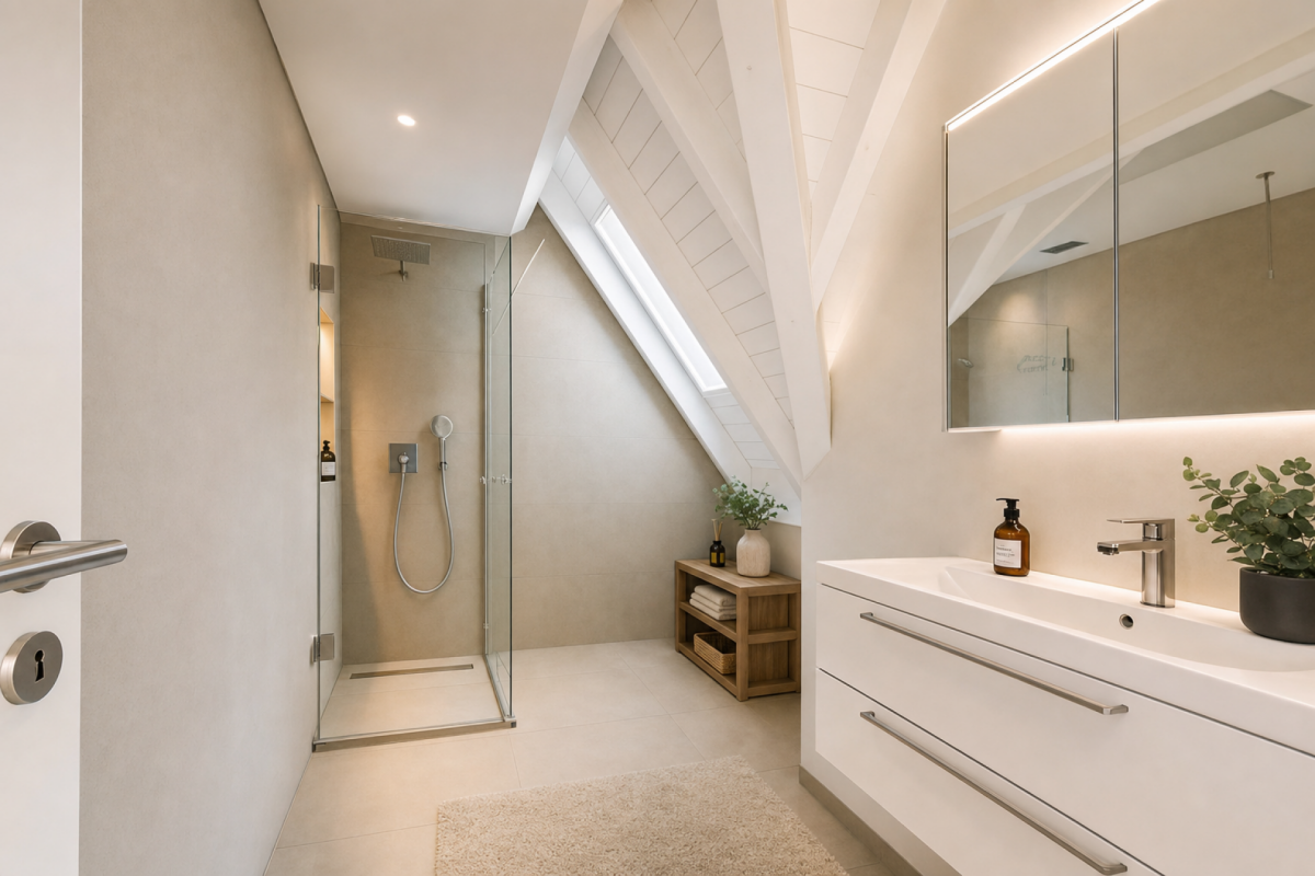 Modernes Dachgeschossbad mit begehbarer Dusche