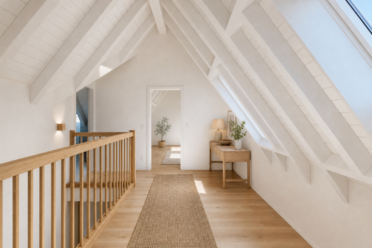 Heller Dachgeschossflur mit Holzgeländer