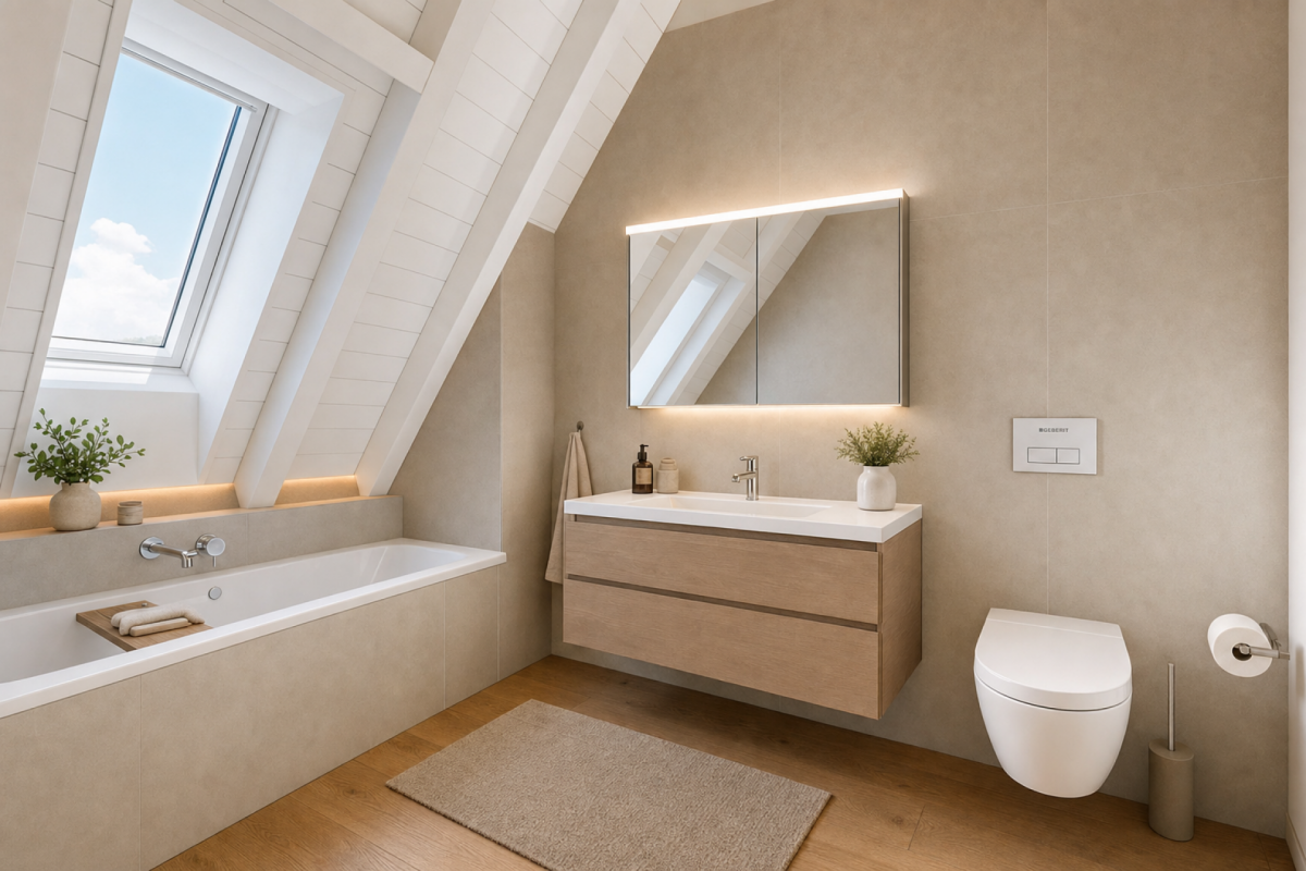 Helles Dachgeschossbad mit Badewanne und Waschtisch