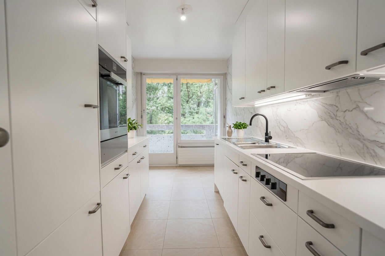 Moderne, schmale Küche mit Balkonblick