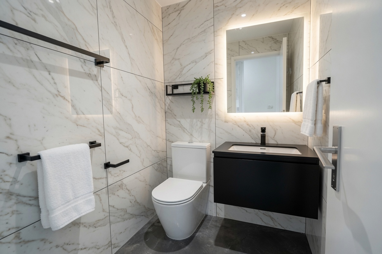 Modernes Gäste-WC mit Marmoroptik
