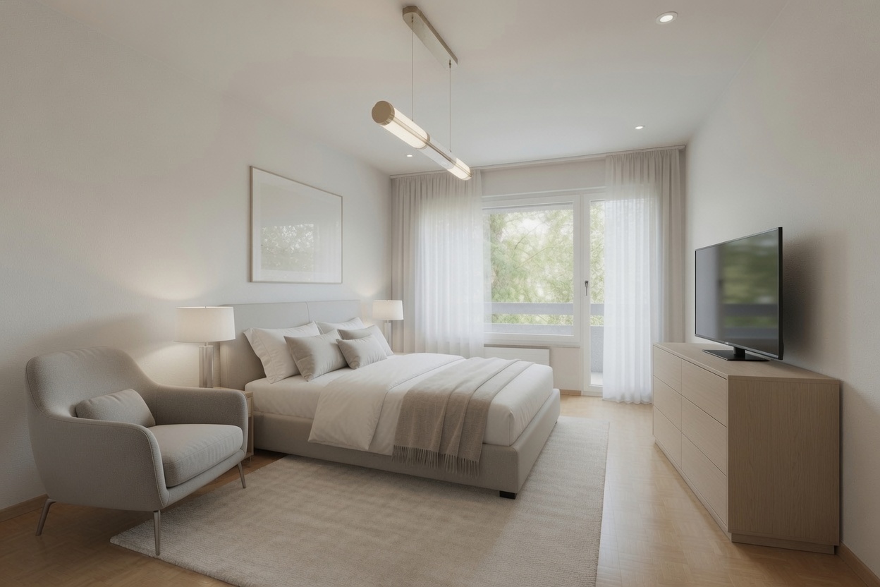 Helles Schlafzimmer mit minimalistischer Einrichtung