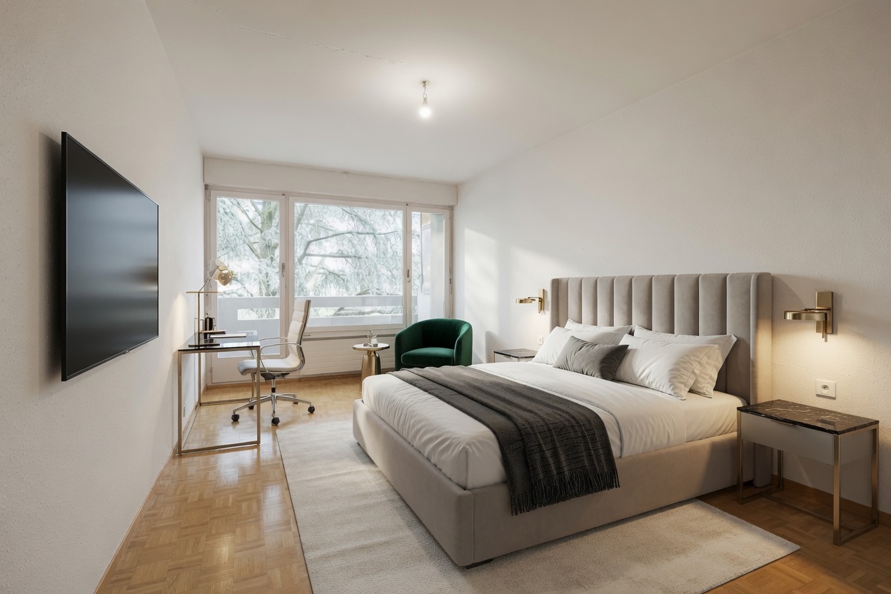 Modernes Schlafzimmer mit Arbeitsplatz am Fenster