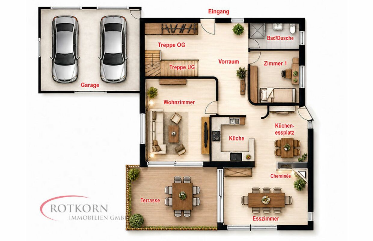Grundriss mit Garage, Wohnbereich, Küche, Esszimmer, Terrasse und Schlafzimmer