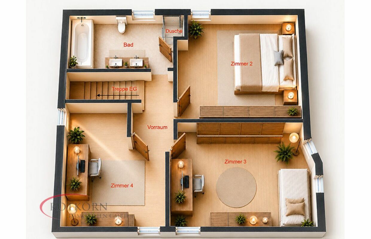 Grundriss einer Wohnung mit drei Zimmern, Bad und Vorraum