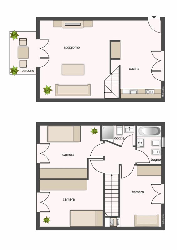 Grundriss mit Wohnen, Küche, drei Zimmern, Bad und Balkon