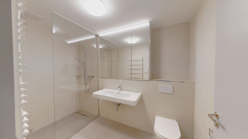Modernes Badezimmer mit begehbarer Dusche und Waschtisch