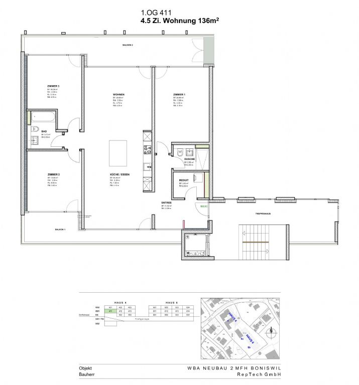 Wohnungs-Grundriss mit 4,5 Zimmern