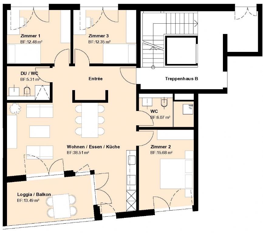 Grundriss einer Wohnung mit Wohn-Ess-Küche und mehreren Zimmern