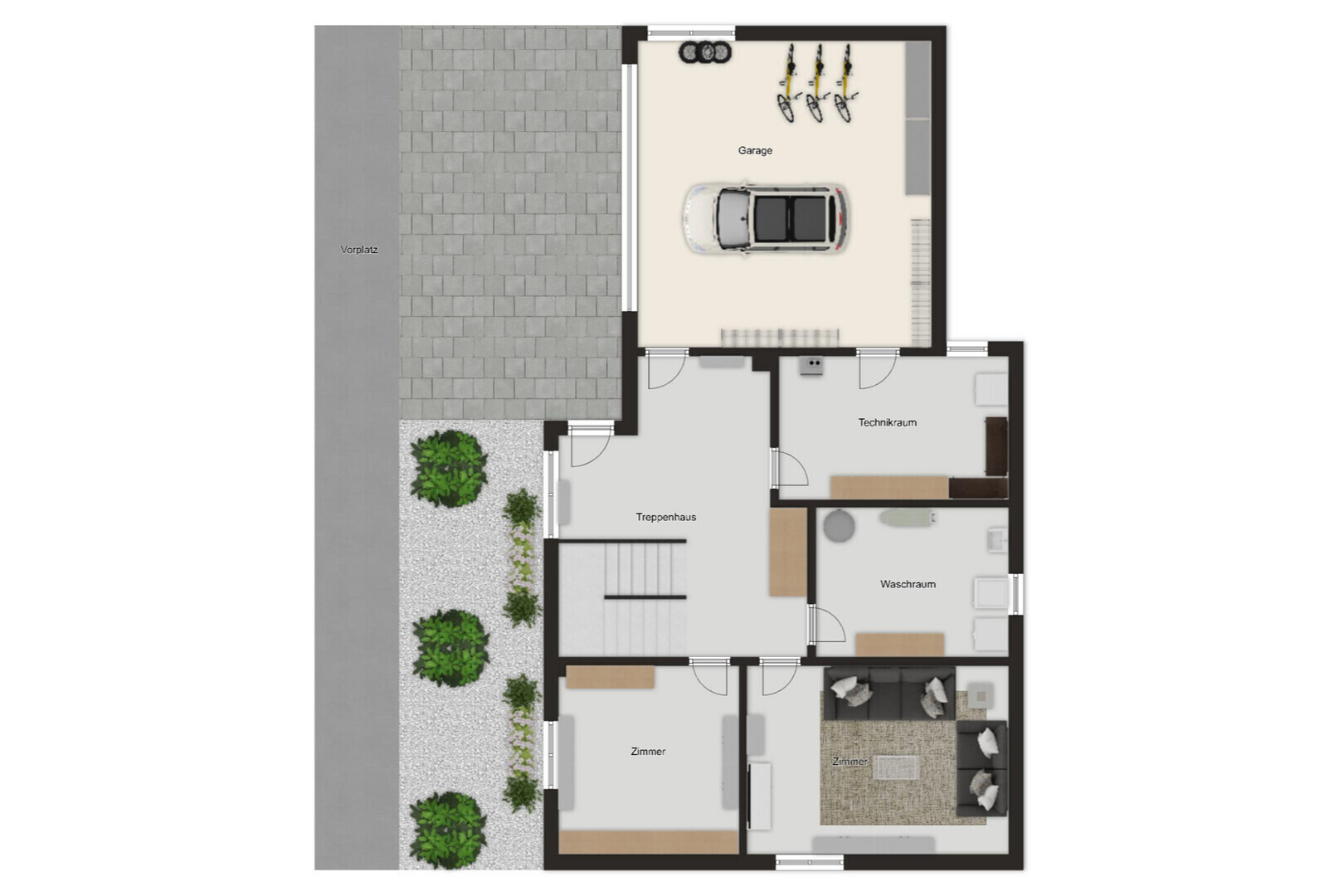 Grundriss eines Untergeschosses mit Garage und Nebenräumen