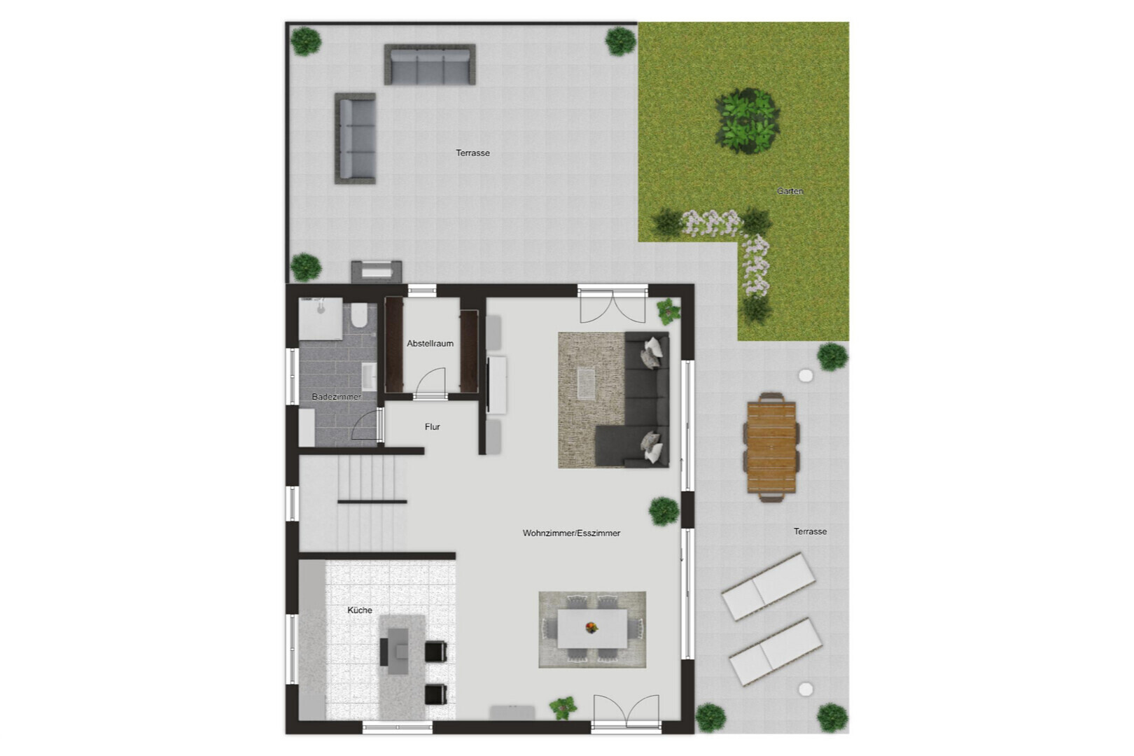Grundriss mit Terrasse und Garten