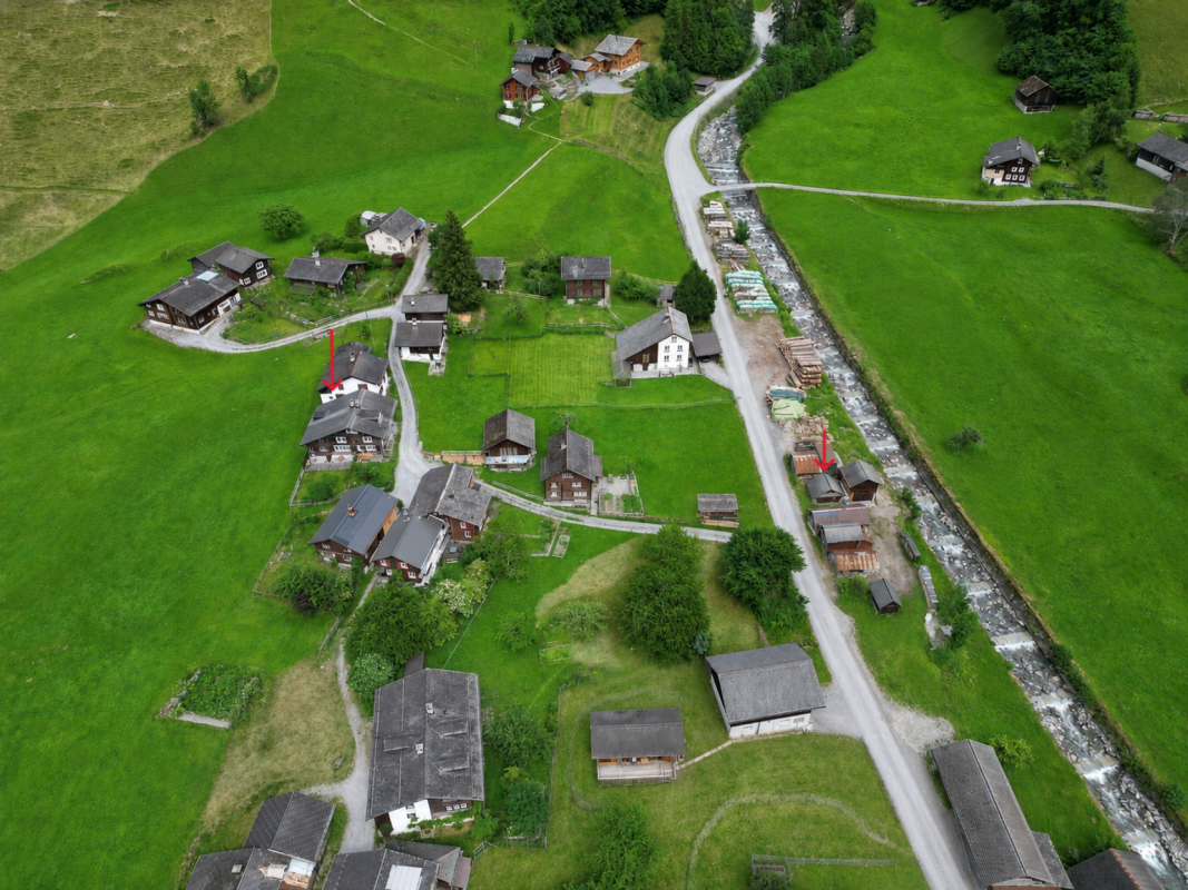 Luftaufnahme eines alpinen Dorfes mit grünen Wiesen