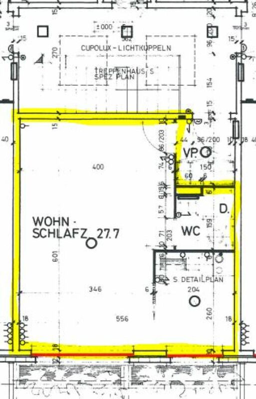 Grundriss eines Wohn-/Schlafbereichs mit WC und Vorraum