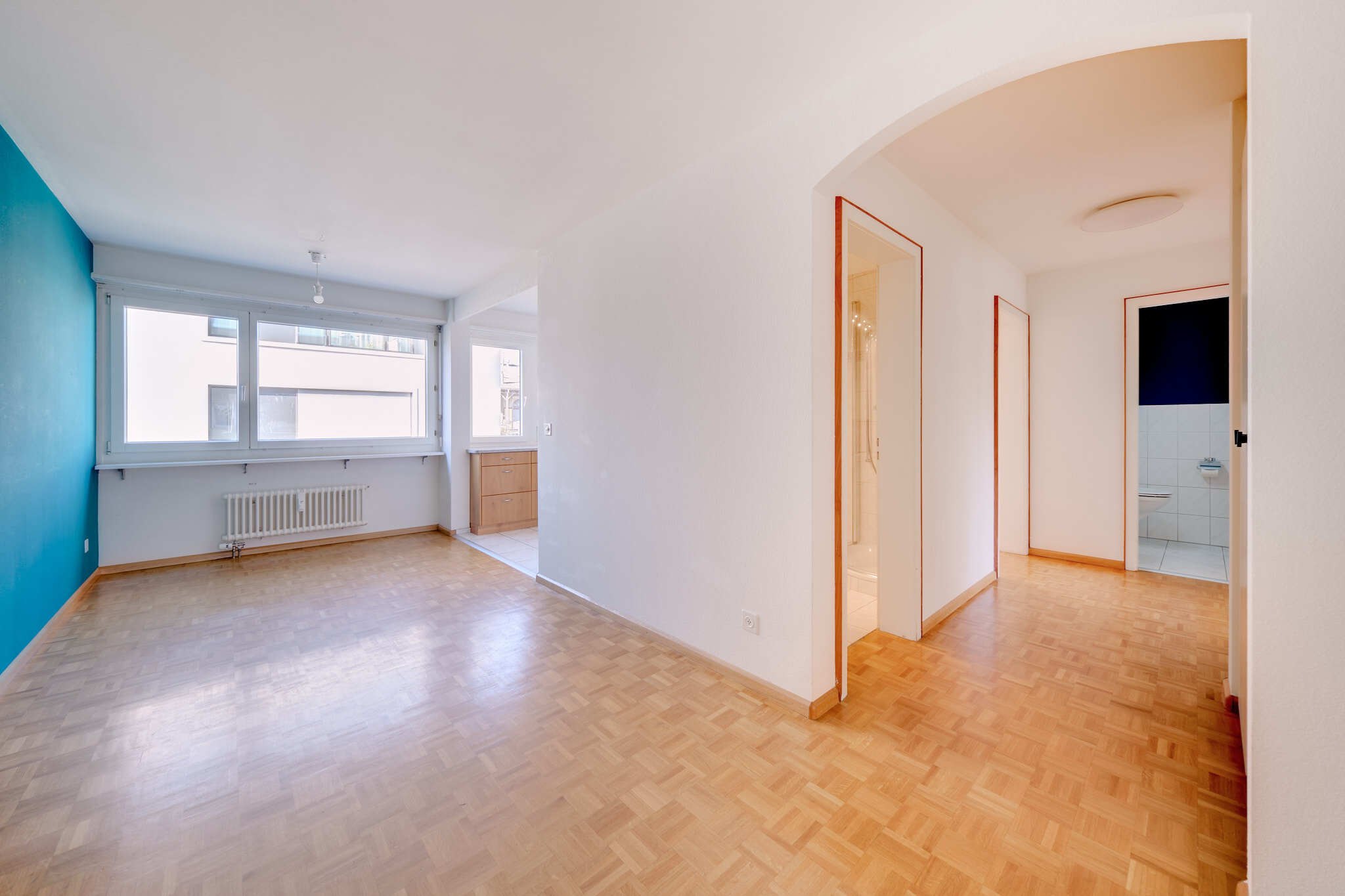 Heller leerer Wohnraum mit Flur und Badzugang