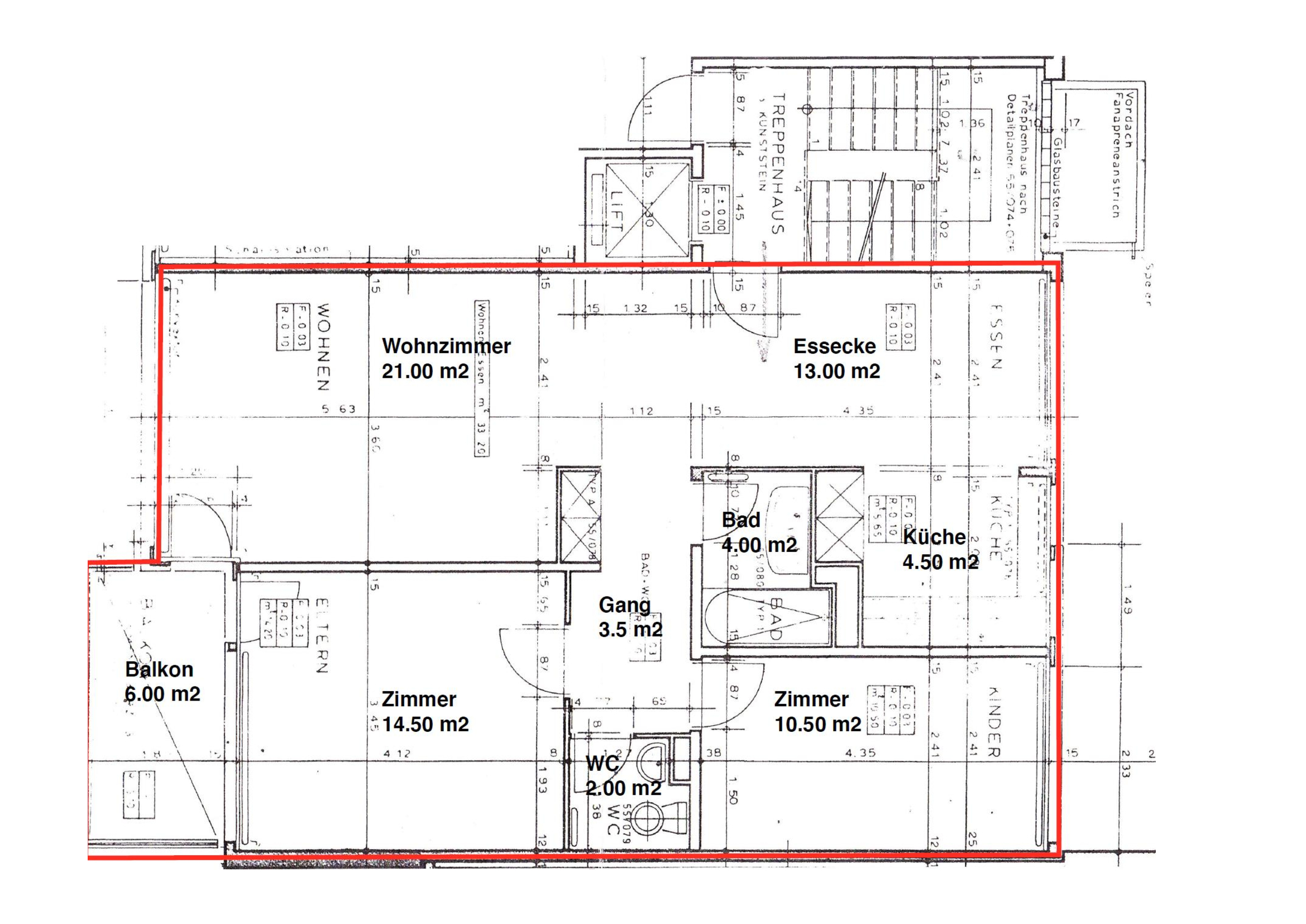 Grundriss einer Wohnung mit markierten Räumen