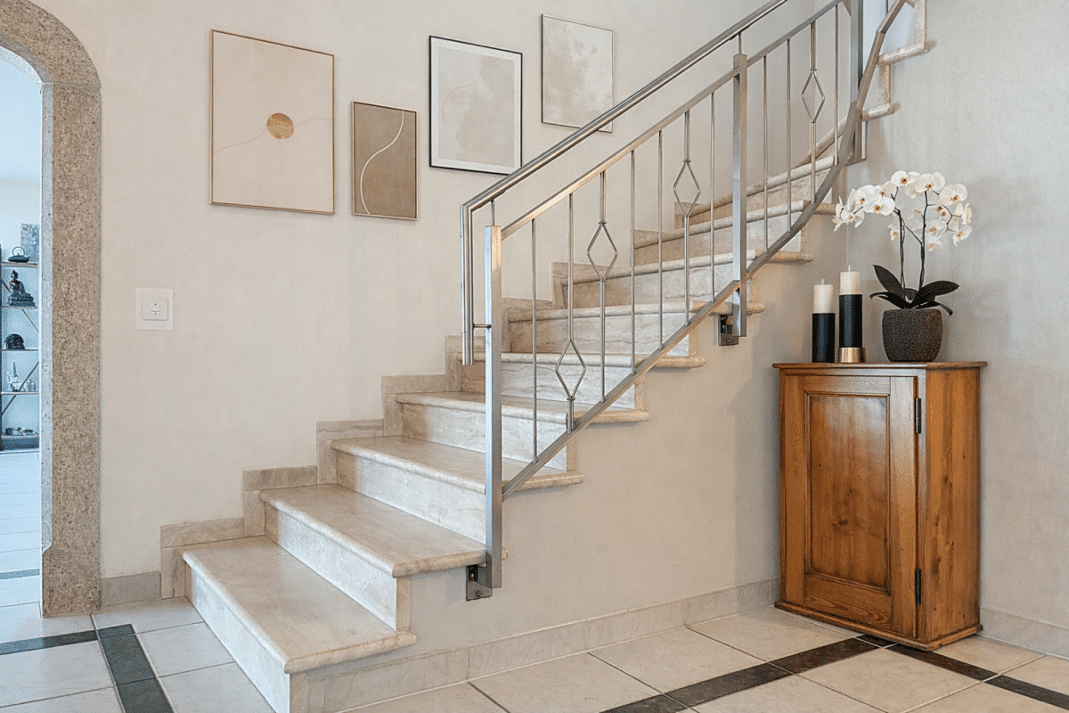 Treppenhaus mit Naturstein und Holzschrank