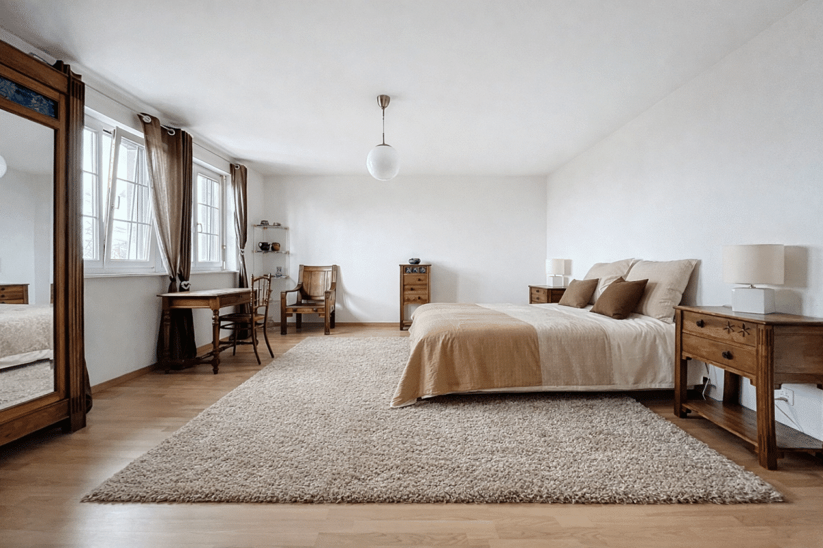 Helles Schlafzimmer mit Holzmöbeln