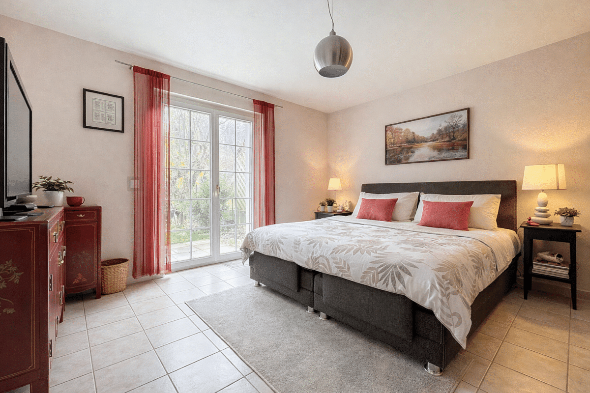 Schlafzimmer mit Terrassentür und Doppelbett