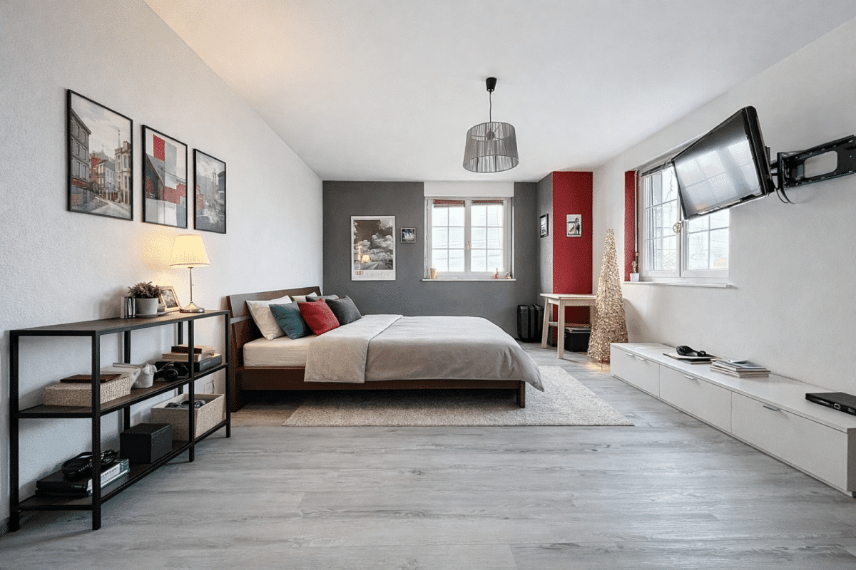 Modernes Schlafzimmer mit klarer Einrichtung