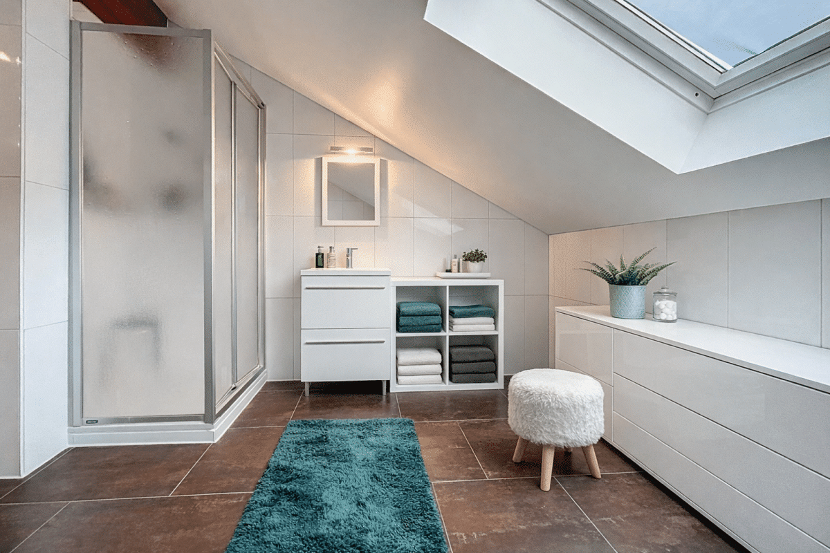 Modernes Dachgeschoss-Badezimmer mit Dusche und Stauraum