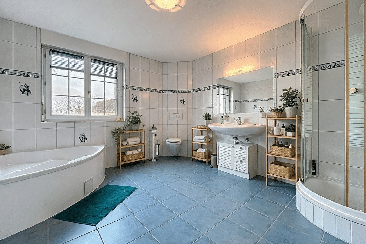 Großes Tageslicht-Badezimmer mit Wanne, Dusche und Waschplatz
