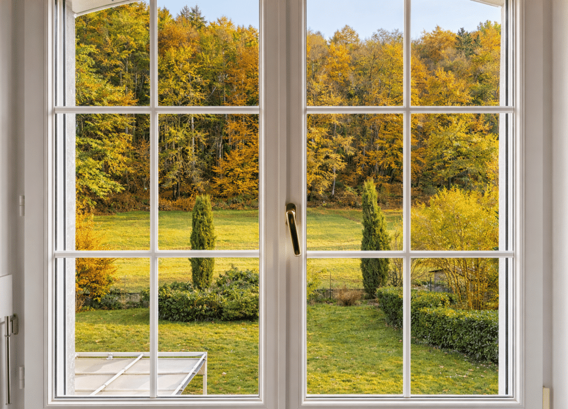 Blick durch Doppelfenster in den Garten