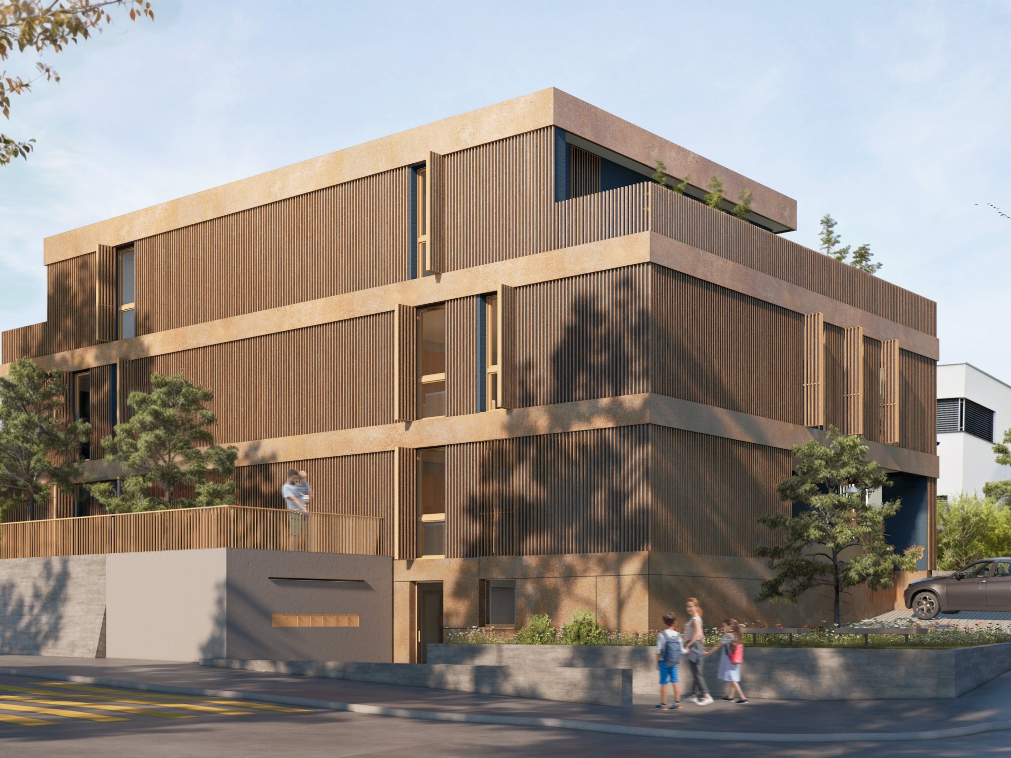 Modernes, mehrstöckiges Wohngebäude mit Holzfassade