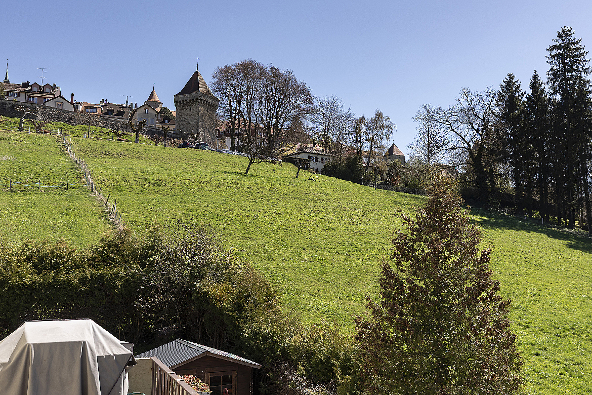Landschaft mit historischem Dorf auf Hügel