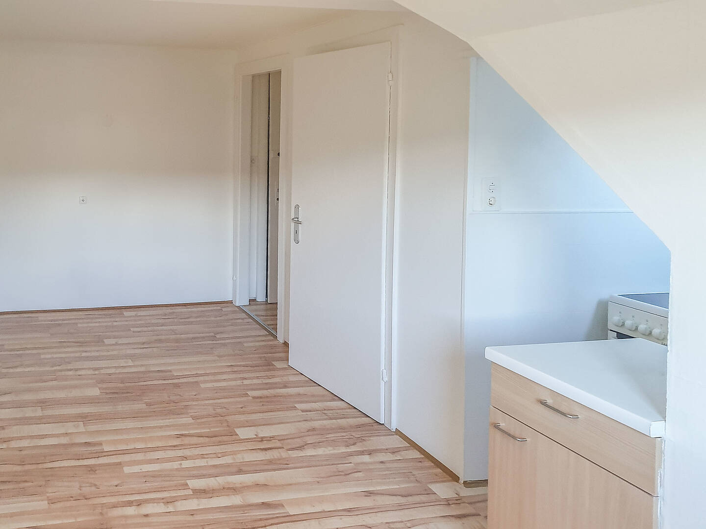 Heller Innenraum mit Holzboden und Tür