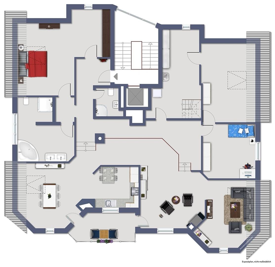 Grundriss einer großzügigen Wohnung mit mehreren Räumen und Terrassen