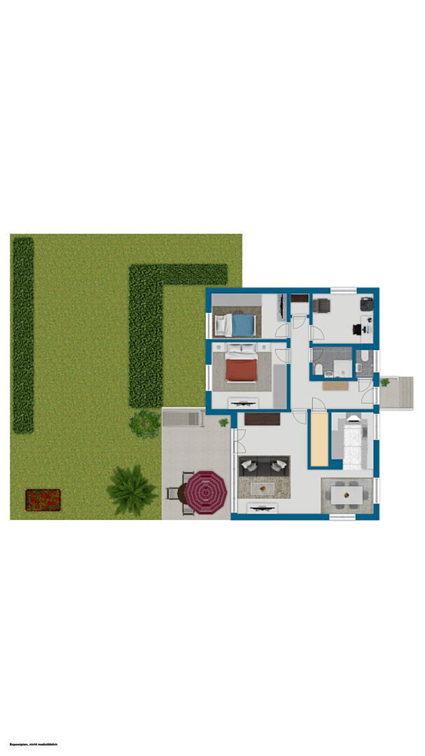 Grundriss mit Garten und möblierter Wohnungsaufteilung