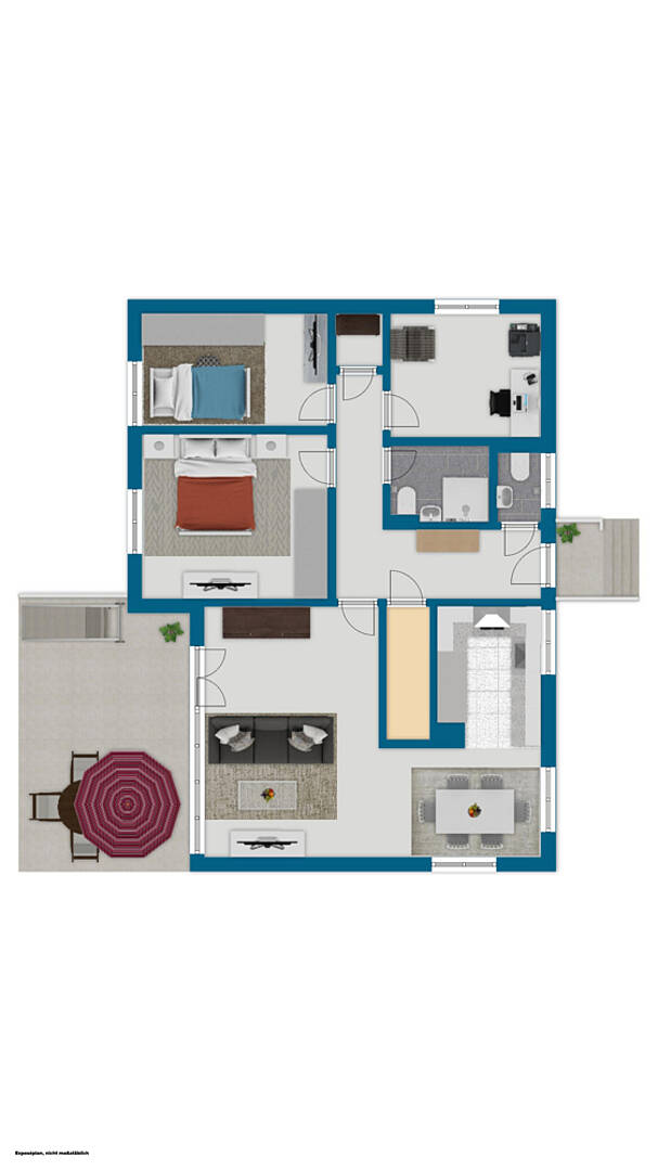 Grundriss einer Wohnung mit Terrasse und mehreren Wohnräumen