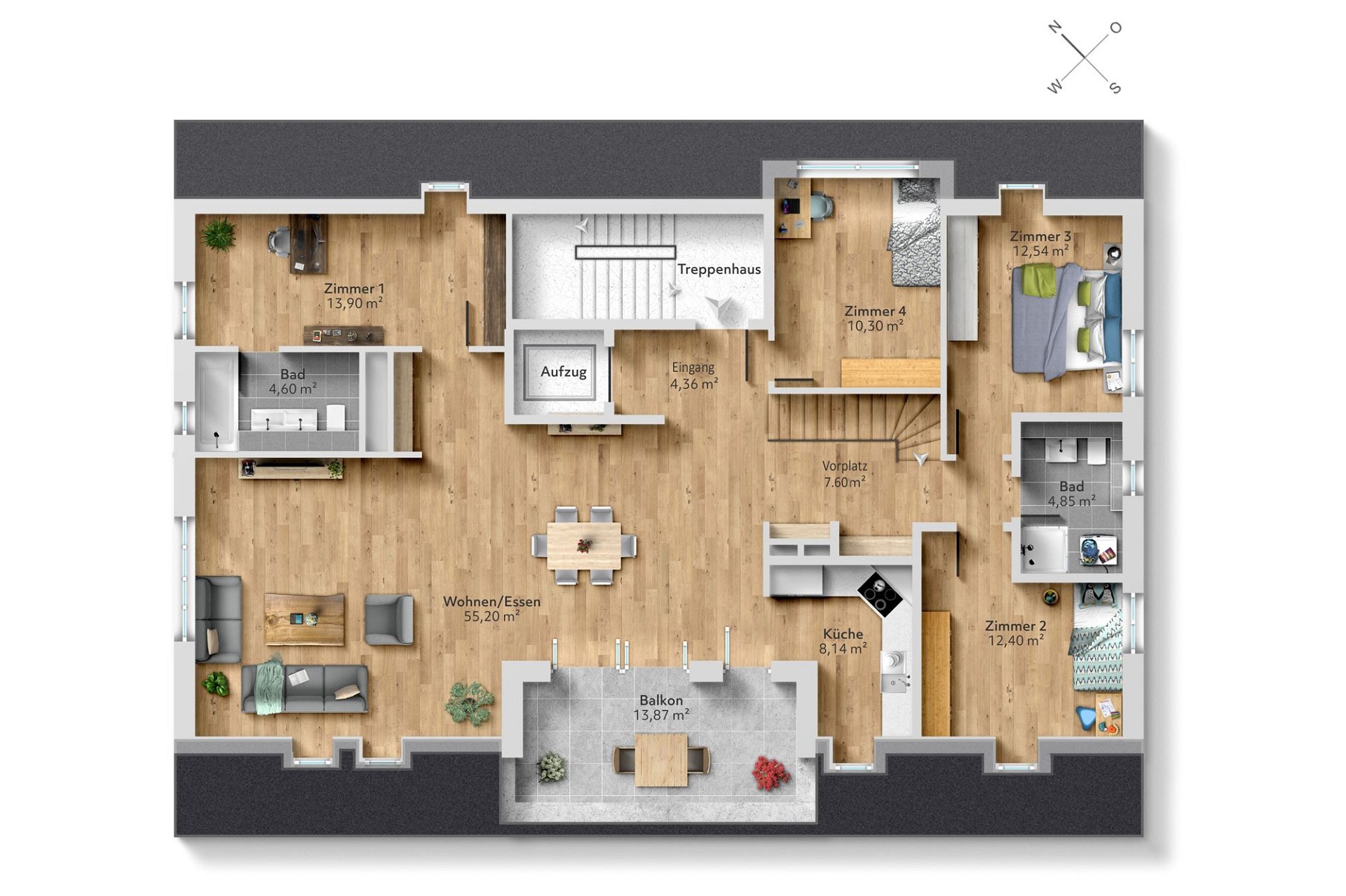 Grundriss einer großzügigen Wohnung mit Balkon