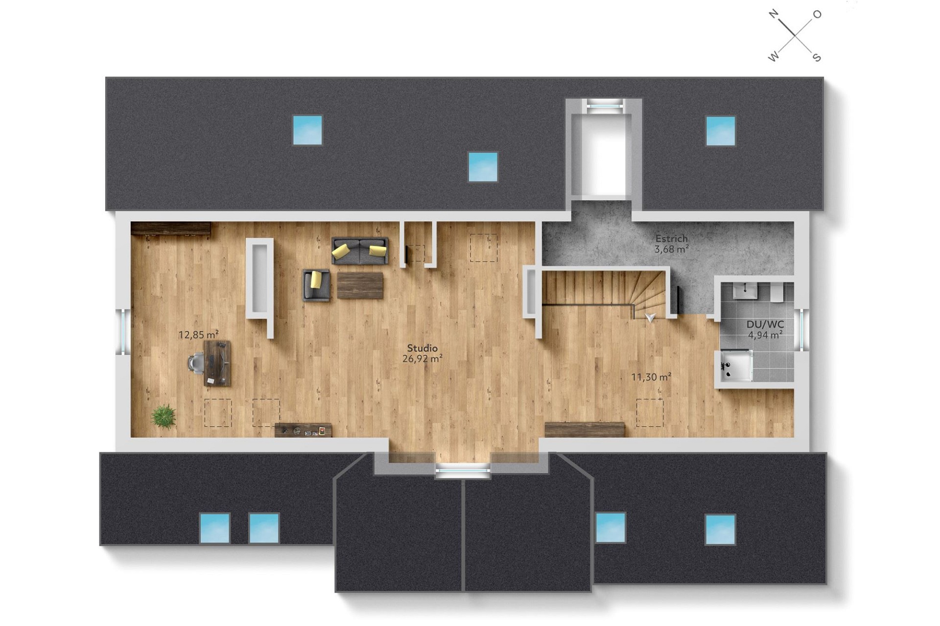 Grundriss eines Studios mit DU/WC
