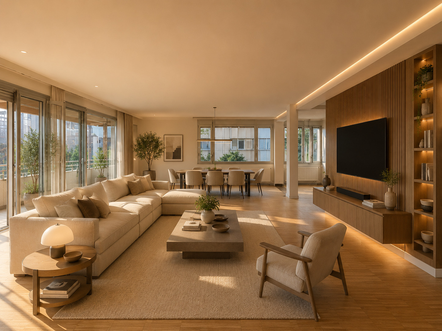 Heller, moderner Wohn- und Essbereich mit warmer Holzoptik