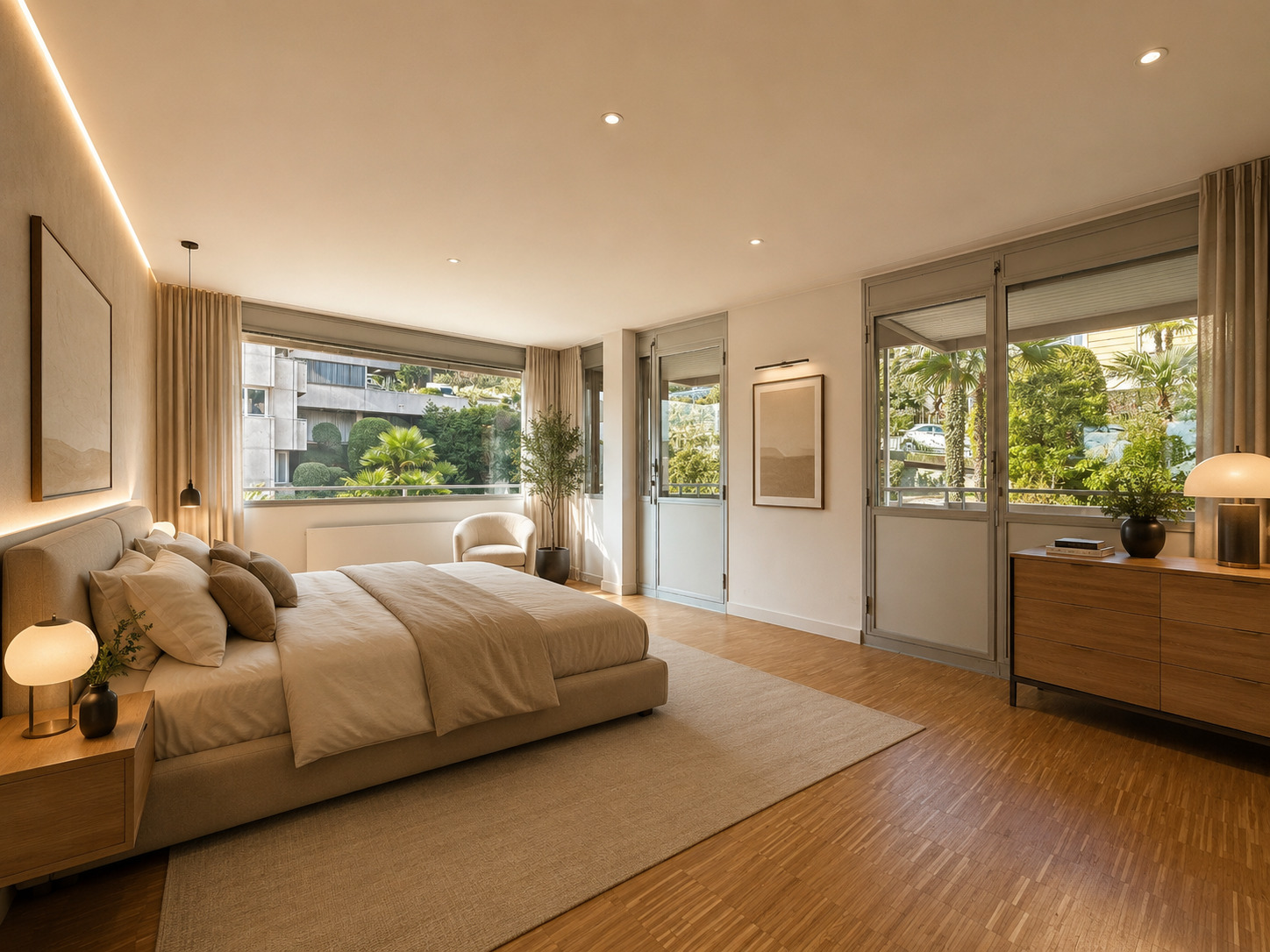 Helles Schlafzimmer mit Balkon- oder Terrassenzugang