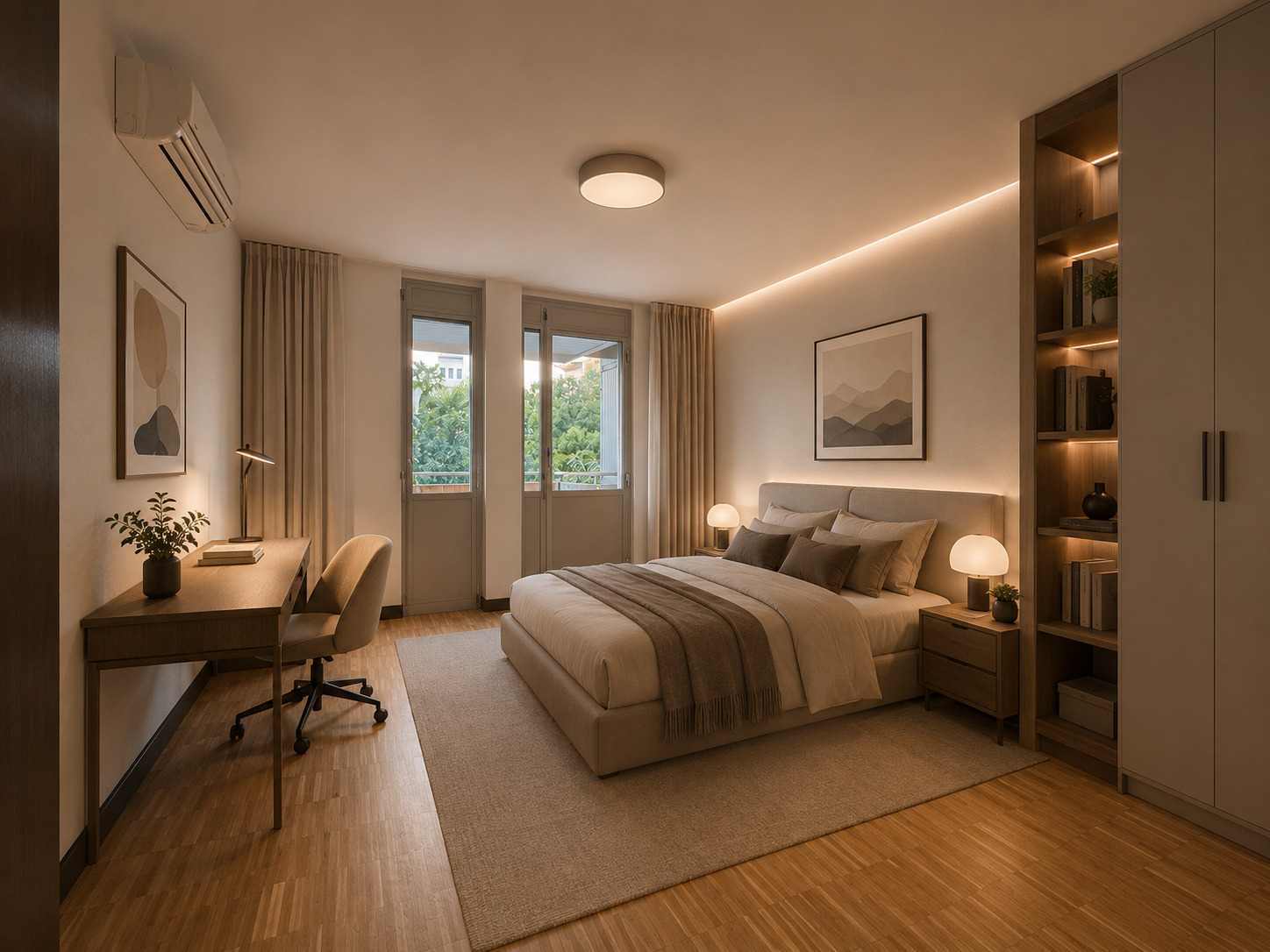 Modernes Schlafzimmer mit Arbeitsplatz und indirekter Beleuchtung