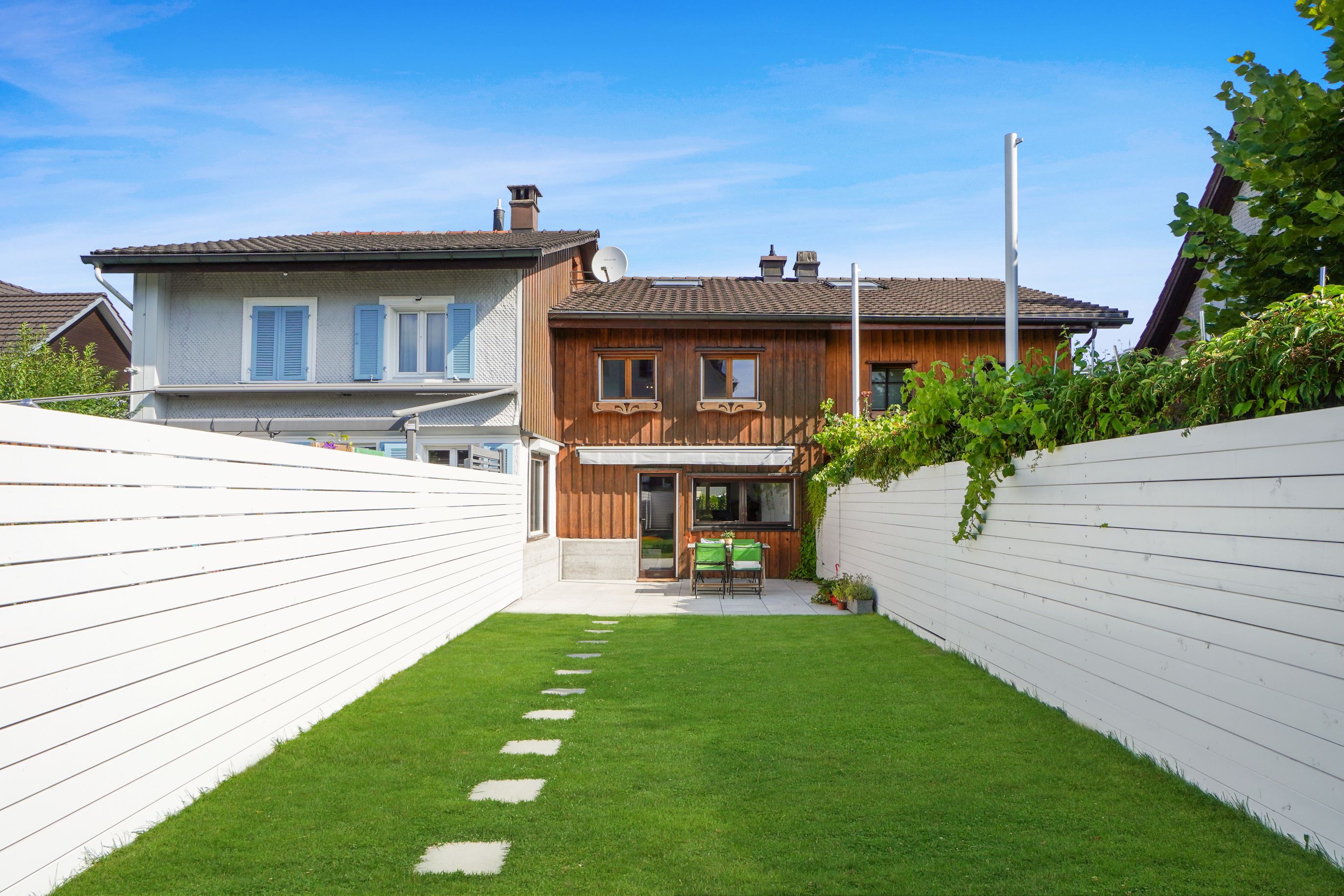Gepflegter Garten mit Blick auf die Rückseite des Hauses