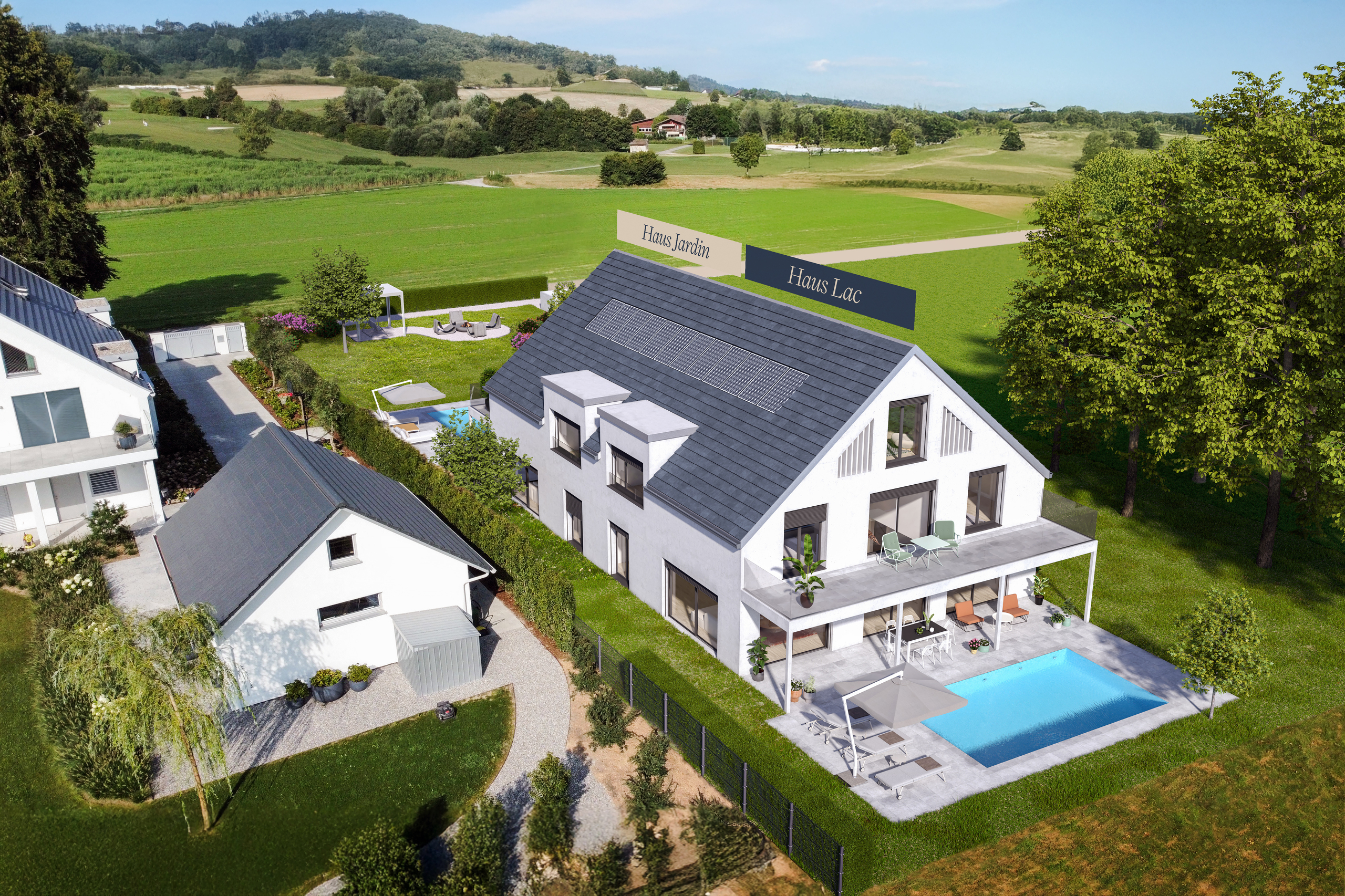 Luftaufnahme eines modernen Hauses mit Pool und Garten