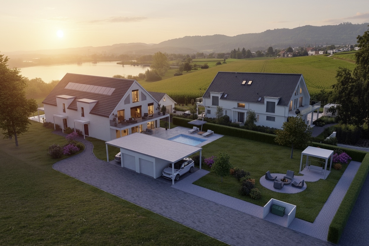 Luxuriöses Anwesen mit Pool und Seeblick bei Sonnenuntergang