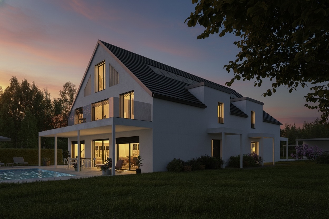 Modernes Einfamilienhaus mit Pool bei Sonnenuntergang