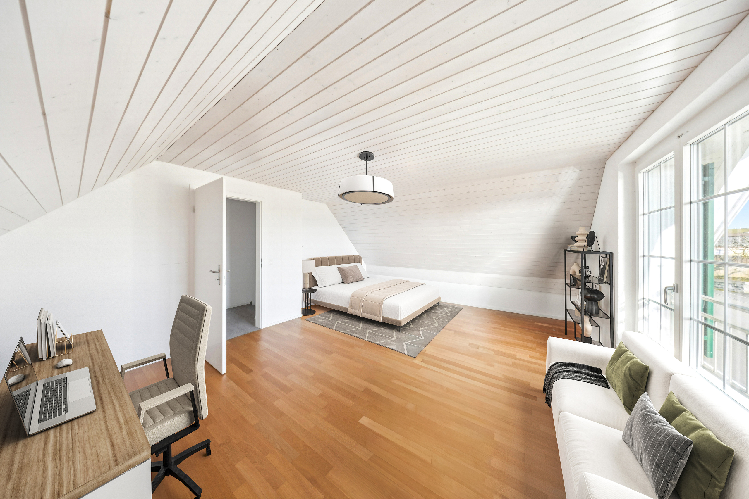 Helles Dachgeschoss-Schlafzimmer mit Arbeitsbereich