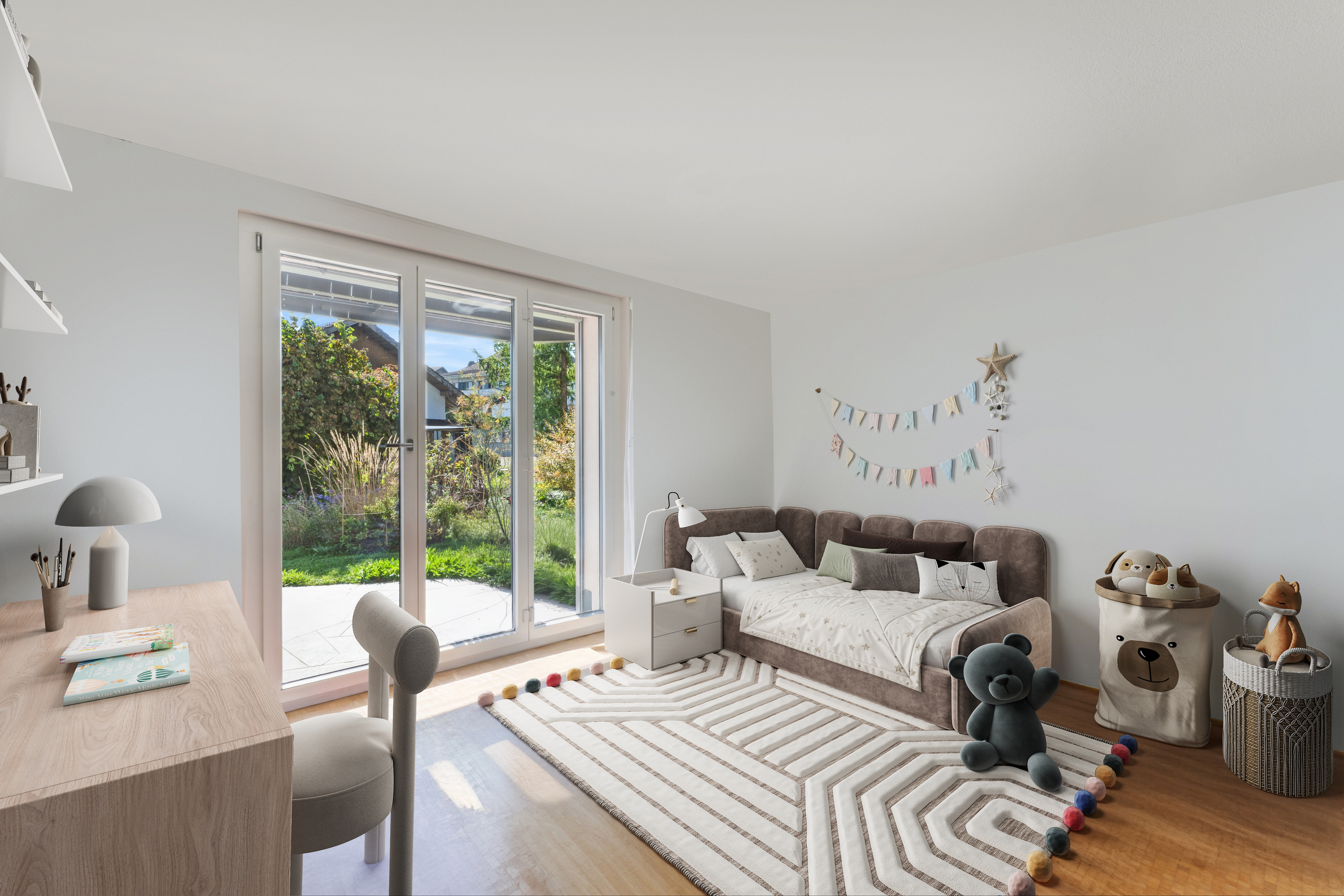 Helles Kinderzimmer mit Gartenblick