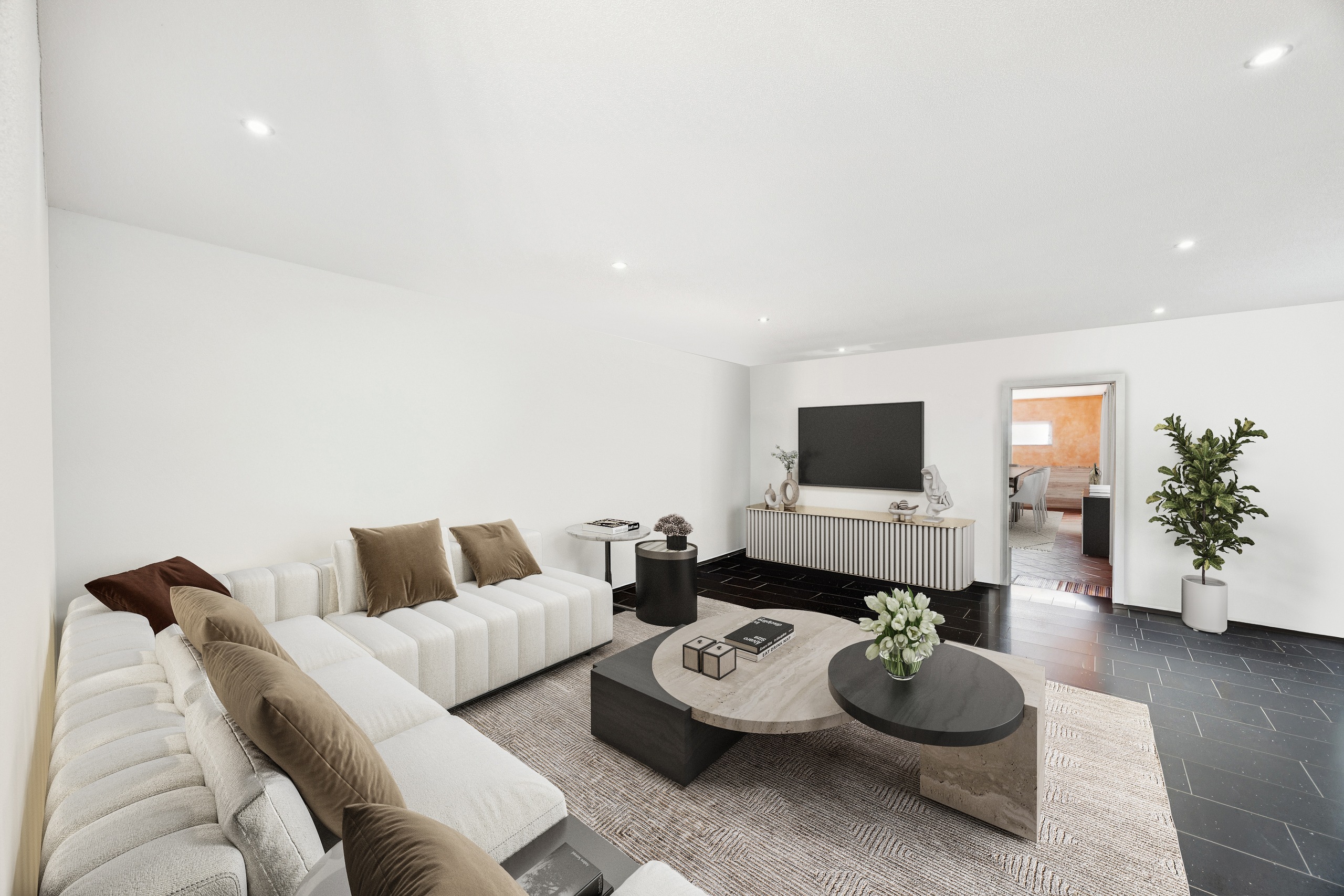 Modernes Wohnzimmer mit offener Blickachse