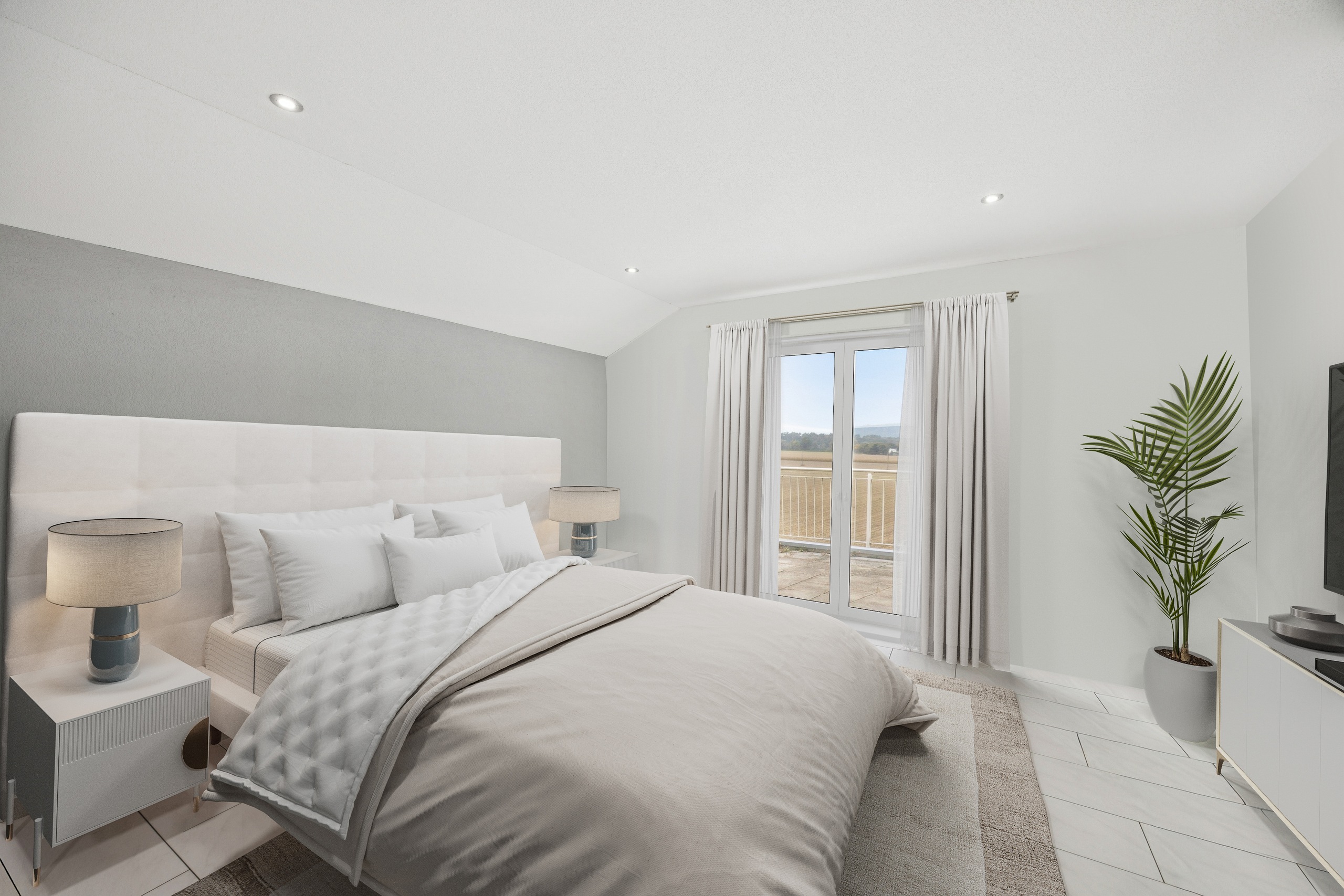 Helles Schlafzimmer mit Balkonblick